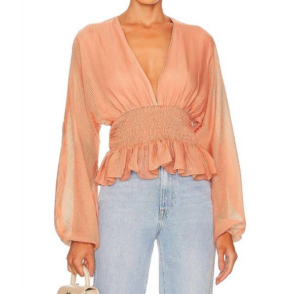 NEW MINKPINK tahlia shirred blouse in terracotta - Picture 1 of 4